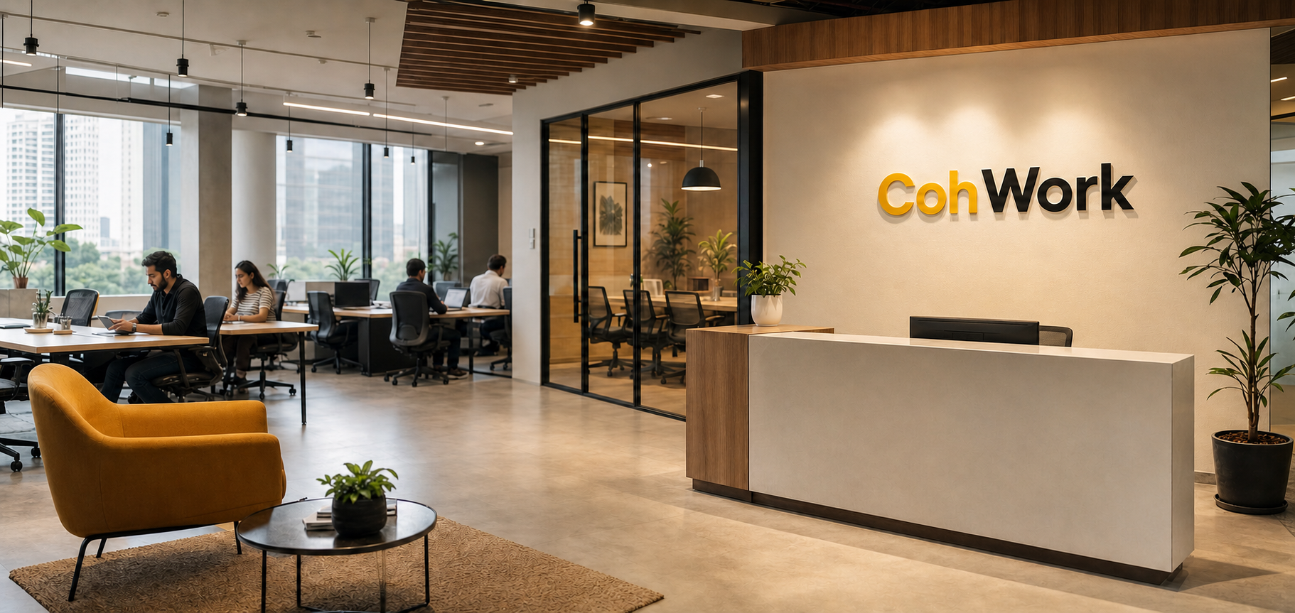 Premium industrial coworking interior with desks and meeting room